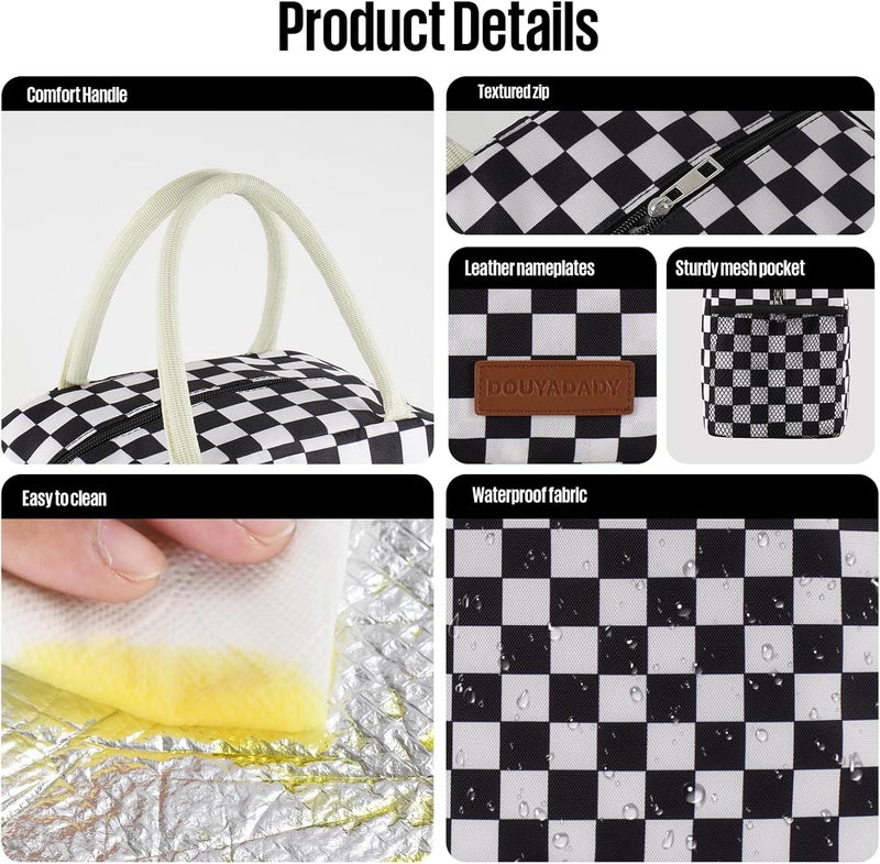 douyadady Lunch Bag Women/Men Lunch Box Women/Men (Black+White Checkerboard) - Image 4